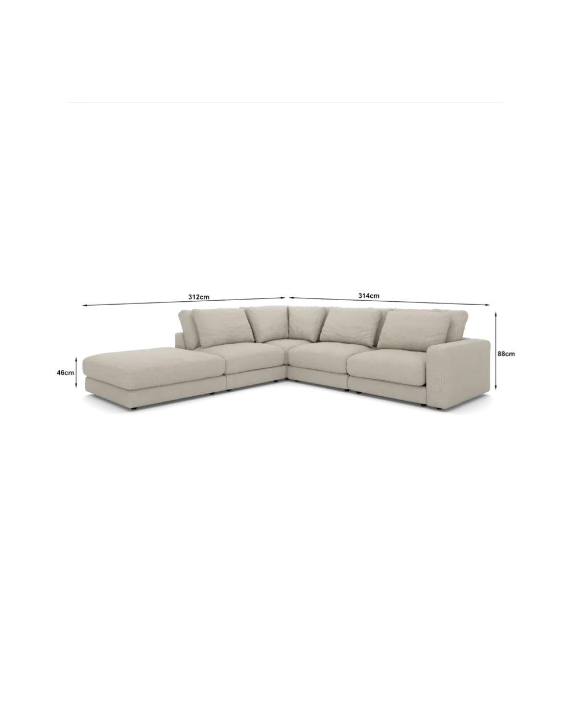 Rio hjørnesofa Venstrevendt med stor pufafslutning